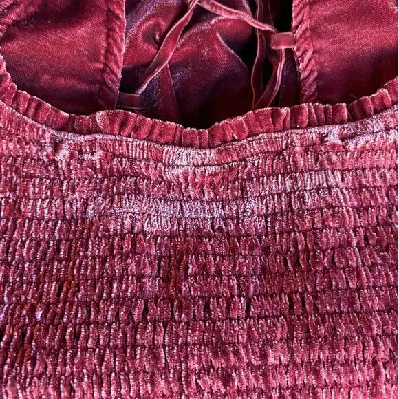 Free People Burgundy Velvet Babydoll Mini Dress w Smocked Bodice Lace Tie Back M - Picture 7 of 11